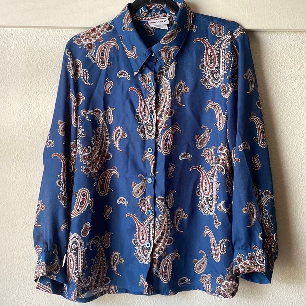Vintage sheer blue floral printed long sleeve button down blouse by Bonworth